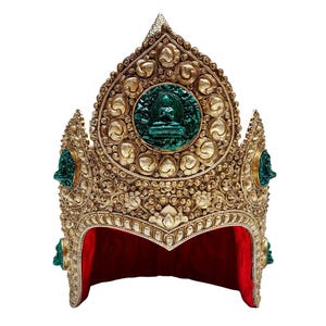 29 CM Height, Buddhist Ritual Crown, Lama Crown With Pancha Buddha. Silver Plated And Dragon Carving