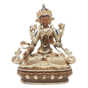 10 CM Height, White Tara, Buddhist Statue, Silver And Chocolate Oxidized
