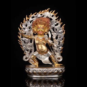 14.8 Inches Height, Vajrapani, Buddhist Statue, Gold Plated, Silver Plated, Face Painted
