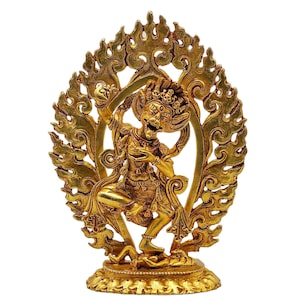 16 CM Height, Simhamukha Yogini. Buddhist Miniature Statue, Gold Plated