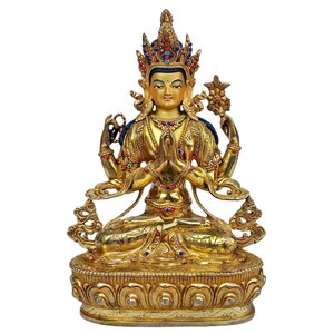 Handmade Chenrezig Statue: Gold Plated Buddhist Art with Stone Setting