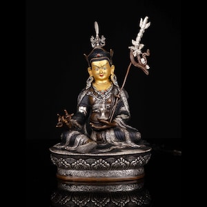 9.2" Inches Height, Padmasambhava, Buddhist Statue, Silver And Chocolate Oxidized, Face Painted, 305