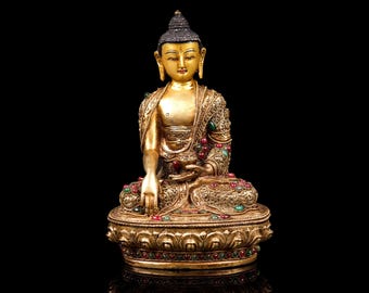 Gold Plated Shakyamuni Buddha Statue: Hand Painted Face, Patan