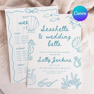 Seashells & Wedding Bells Invite, Beach Bachelorette Weekend Invite and Itinerary, Coast Themed Invite, Instant Download, Editable in Canva