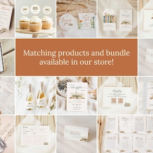 May include: A collection of stationery items with a floral and book theme. Includes menus, cupcake toppers, tags, cards, a phone displaying a design, and a sign. The text "Matching products and bundle available in our store!" is displayed.