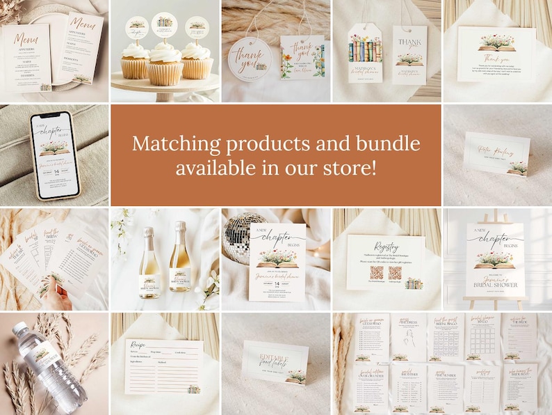 May include: A collection of stationery items with a floral and book theme. Includes menus, cupcake toppers, tags, cards, a phone displaying a design, and a sign. The text "Matching products and bundle available in our store!" is displayed.