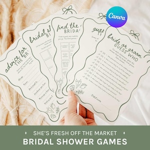 Peut inclure: Plusieurs cartes de jeux pour une fête prénuptiale. Les jeux incluent "Conseils pour la mariée", "Trouvez la mariée" et "Devinez la mariée ou le marié". Les cartes sont bordées de vert clair et décorées de petits nœuds.