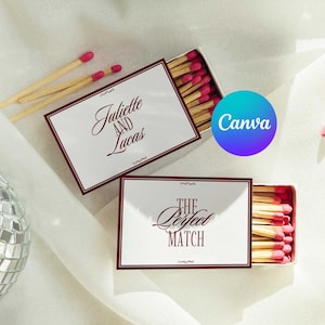 May include: Two rectangular matchboxes with white covers, dark red borders, and dark red text. One box reads Juliette AND Lucas, the other reads THE Perfect MATCH. Both boxes contain wooden matches with dark pink tips, with loose matches nearby.