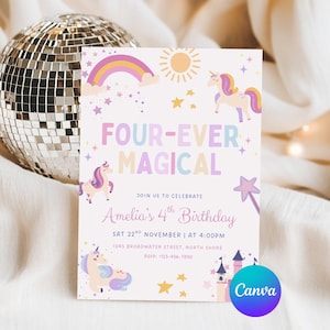 Unicorn 4th Birthday Invitation Canva, Four Ever Magical Rainbow Party Invite, Girls Unicorn Rainbow Invite, Editable Canva Template