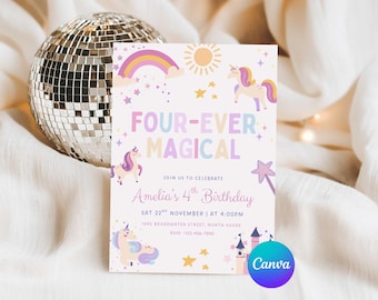 Unicorn 4th Birthday Invitation Canva, Four Ever Magical Rainbow Party Invite, Girls Unicorn Rainbow Invite, Editable Canva Template