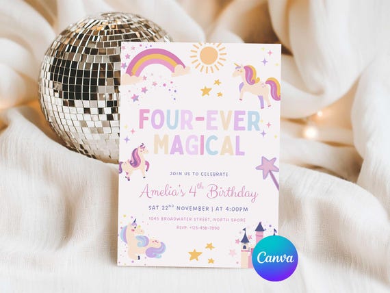 Unicorn 4th Birthday Invitation Canva, Four Ever Magical Rainbow Party Invite, Girls Unicorn Rainbow Invite, Editable Canva Template