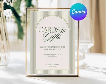 Vintage Striped Green Wedding Cards and Gifts Sign: Editable Canva Template (5x7 & 8x10) Digital Download