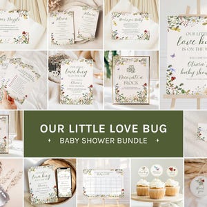 Paquete de baby shower "Little Love Bug", temática de mariquita, juegos y letreros, editable en Canva