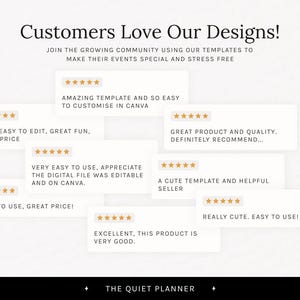 May include: A white graphic with text that reads "Customers Love Our Designs!" and customer reviews. The reviews are in white boxes with gold star ratings and phrases like "Amazing template" and "Easy to use."