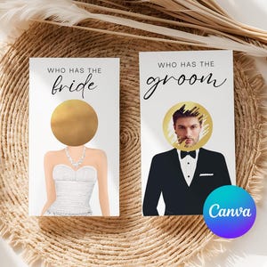 Puede incluir: Dos tarjetas de juego de boda sobre una estera tejida. Una tarjeta dice "¿Quién tiene la novia?" con un dibujo de una novia con un vestido blanco y un círculo dorado para la cara. La otra tarjeta dice "¿Quién tiene el novio?" con un dibujo de un hombre en esmoquin y un círculo dorado para la cara.