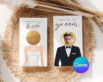 Juego de despedida de soltera "Quién tiene al novio y la novia", juego de raspadito "Encuentra al novio" de famosos, juego imprimible para despedida de soltera, editable en Canva