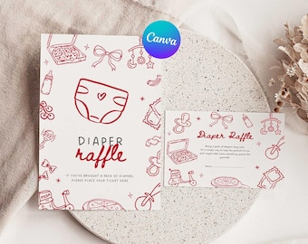 Scheibe Scheibe Baby Dusche Windel Raffle Schilder, druckbare Windel Raffle Schild & Ticketvorlagen, bearbeitbar in Canva