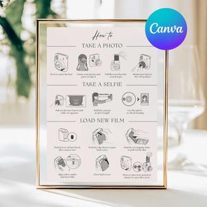 May include: A framed print with instructions on how to take a photo, take a selfie, and load new film. The text is in black on a light background, with illustrations. A Canva logo is in the upper right corner.