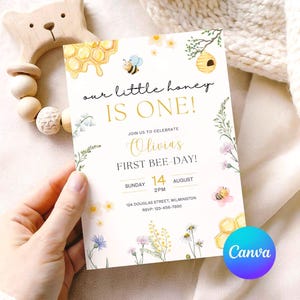 First Bee Day First Birthday Invite, Flowers Bee 1st Birthday Invitation, Little Honey Bee Day Birthday, Floral Bumblebee, Edit in Canva
