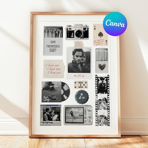 May include: A framed collage featuring black and white photographs, a vintage camera, and matchboxes. The collage includes the text "San Francisco 2017" and "I love you" repeated three times. A Canva logo is in the upper right corner.