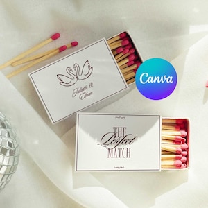 May include: Two rectangular matchboxes with pink-tipped matches. One box features a line drawing of two swans and the text Juliette & Ethan. The other box displays the text The Perfect Match. A silver disco ball is visible in the lower left corner.