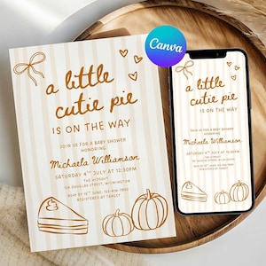 A Little Cutie Pie Baby Shower Invite Set, Fall Thanksgiving Shower Theme, Editable in Canva