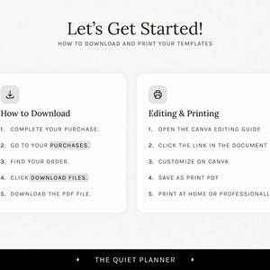May include: A graphic with instructions on how to download and print templates. The text reads "Let's Get Started!" and includes steps for downloading and editing, with the logo "THE QUIET PLANNER" at the bottom.