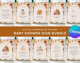 A Little Pumpkin on the Way Baby Shower Signs Bundle, Fall Thanksgiving Autumnal Theme Table Signs, Edit in Canva
