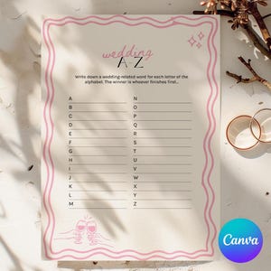 Wedding A-Z Game, Alphabet Wedding Game, Bridal Shower A-Z Game, Wedding Item Game, Minimalist Retro Printable Template, Edit on Canva