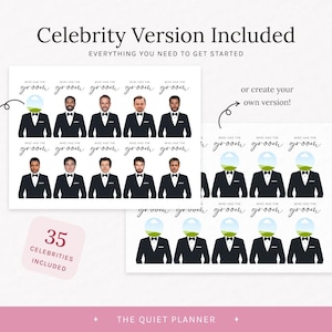 Puede incluir: Juego de boda imprimible con im&aacute;genes de celebridades y el texto "&iquest;Qui&eacute;n tiene al novio?" Incluye 35 celebridades. Tambi&eacute;n se ve el texto "Celebrity Version Included" y "Everything you need to get started".