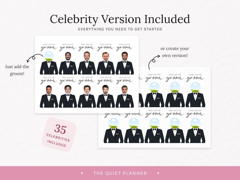 Puede incluir: Juego de boda imprimible con im&aacute;genes de celebridades y el texto "&iquest;Qui&eacute;n tiene al novio?" Incluye 35 celebridades. Tambi&eacute;n se ve el texto "Celebrity Version Included" y "Everything you need to get started".