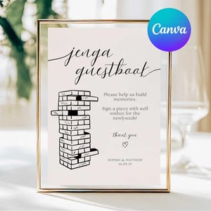 Puede incluir: Un letrero enmarcado con las palabras "jenga guestbook" en escritura elegante. El letrero incluye una ilustración en blanco y negro de una torre de Jenga y el texto "Please help us build memories. Sign a piece with well wishes for the newlyweds!"
