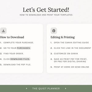 May include: A graphic with the text "Let's Get Started!" and instructions on how to download and print templates. The steps are listed in a clear, easy-to-read format, with icons for download and printing.
