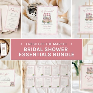 May include: A selection of pink and white bridal shower stationery, including menus, invitations, and signs. The designs feature a market stall illustration and a gingham border. The text "Fresh off the Market" is displayed prominently.