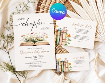 May include: Baby shower invitation set with a floral and book theme. The main invitation reads "A New Chapter Begins" and includes details for Jasmine's baby shower. Additional cards include "Books for Baby" and "Diaper Raffle".