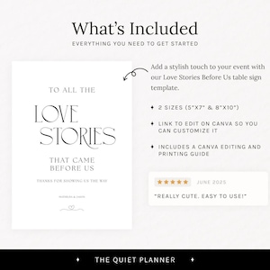 May include: A white sign with the text "TO ALL THE LOVE STORIES THAT CAME BEFORE US". The sign includes the text "Thanks for showing us the way" and is part of a table sign template. The sign is available in 5"x7" and 8"x10" sizes.