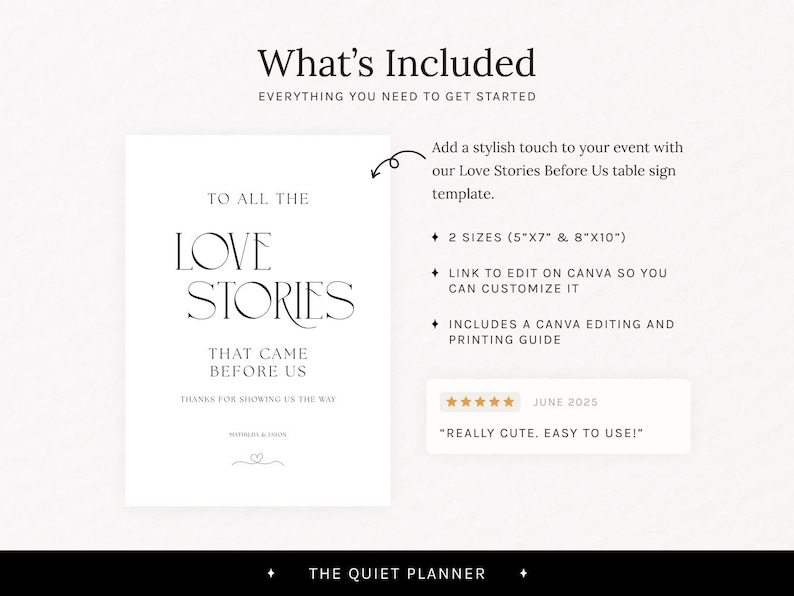 May include: A white sign with the text "TO ALL THE LOVE STORIES THAT CAME BEFORE US". The sign includes the text "Thanks for showing us the way" and is part of a table sign template. The sign is available in 5"x7" and 8"x10" sizes.