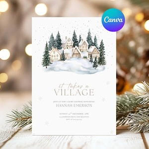Pode incluir: Um convite para chá de bebê com uma ilustração em aquarela de uma vila coberta de neve e árvores de pinheiro. O texto "it takes a village" é exibido em uma fonte elegante, com detalhes do evento abaixo. O logotipo da Canva está no canto superior direito.