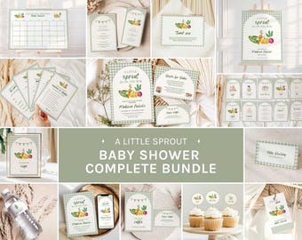 Little Sprout On The Way Baby Shower Bundle, Garden Veggies Theme, Invitation, Signs, Games Template, Editable in Canva