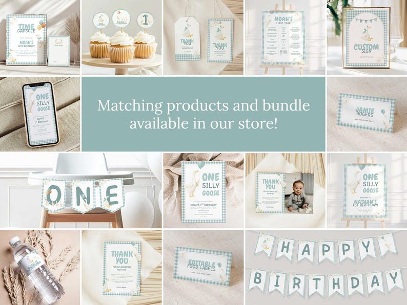 Op de afbeelding: Een verzameling feestversieringen met een blauw en wit thema. Items zijn onder meer cupcake toppers, banners, borden en labels. De tekst "ONE SILLY GOOSE" en "HAPPY BIRTHDAY" zijn zichtbaar. De afbeelding bevat ook een telefoon met een bijpassend ontwerp.
