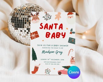 May include: A festive baby shower invitation with the words "SANTA BABY" in red. The invitation includes Christmas-themed illustrations and details for the event, such as the date, time, and location. A disco ball is in the background.