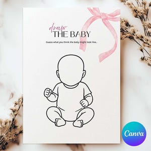 Babyshower Draw the Baby Girl Game Card, spel Guess the Baby, roze babyshowerspel, sjabloon ideeën babyshower, bewerken in canva