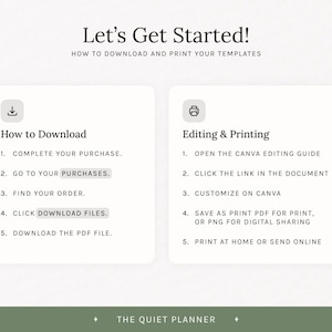 Op de afbeelding: Een afbeelding met instructies getiteld "Let's Get Started!" over het downloaden en afdrukken van sjablonen. De tekst bevat stappen voor downloaden en bewerken, met een logo voor "The Quiet Planner" onderaan.