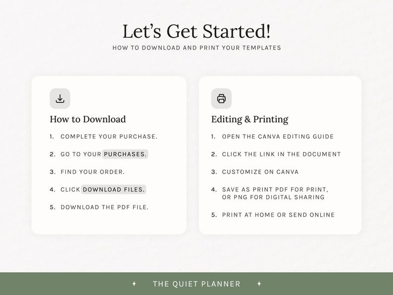 Op de afbeelding: Een afbeelding met instructies getiteld "Let's Get Started!" over het downloaden en afdrukken van sjablonen. De tekst bevat stappen voor downloaden en bewerken, met een logo voor "The Quiet Planner" onderaan.