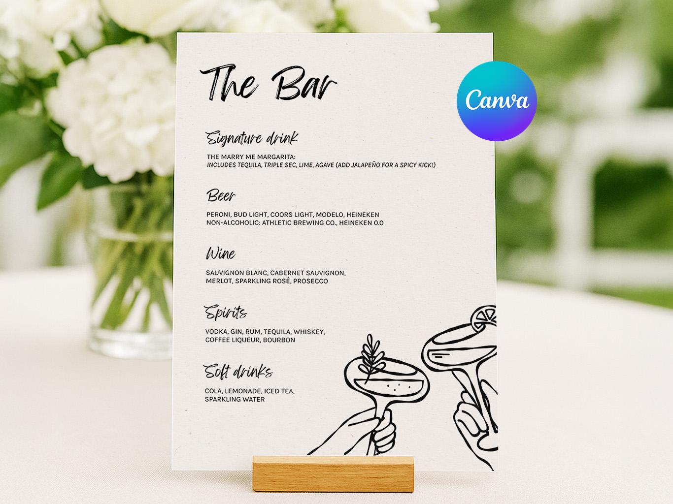 Wedding Bar Menu Sign Template, Wedding Drink Menu Sign, Printable Wedding Bar Sign,  Illustrated Wedding Drink Menu Editable Canva 5x7 8x10