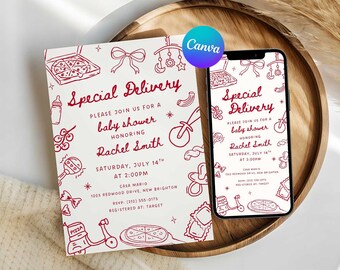 May include: Baby shower invitation with a red pizza-themed design. The invitation reads "Special Delivery" and includes details for Rachel Smith's baby shower, including the date, time, and location. A smartphone displays the same design.