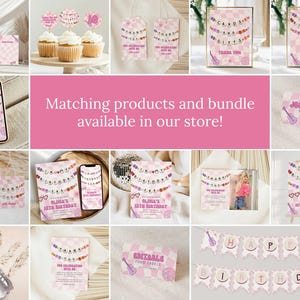 May include: A collection of pink and white party supplies with a guitar theme. Items include invitations, cupcake toppers, gift tags, and banners. The text "Olina's 12th Birthday" and "Cards & Gifts" are visible. The phrase "Matching products and bundle available in our store!" is also present.