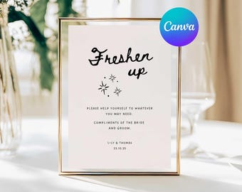 Freshen Up Toiletries Bathroom Sign Template, Custom Whimsical Wedding Bathroom Basket Sign, Ladies Help Yourself, Freshen Up Bathroom Sign