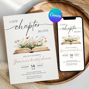 May include: A bridal shower invitation with the text "A New Chapter Begins" and "Jasmine's bridal shower". The design features an open book with floral arrangements. A smartphone displays the same invitation. The invitation is on a wooden tray.