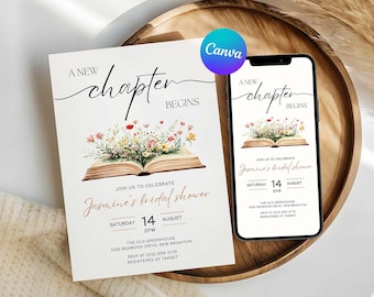 A New Chapter Bridal Shower Invite Set, Book Themed Bachelorette Party, Editable in Canva